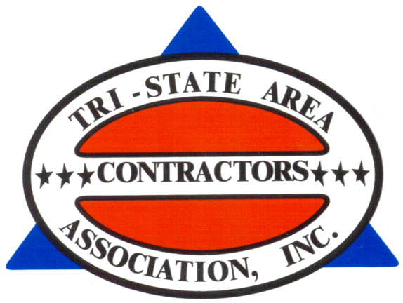 A logo featuring an orange oval with black and white borders, displaying the text "TRI-STATE AREA CONTRACTORS ASSOCIATION, INC." in bold letters and stars, over a blue triangle background.