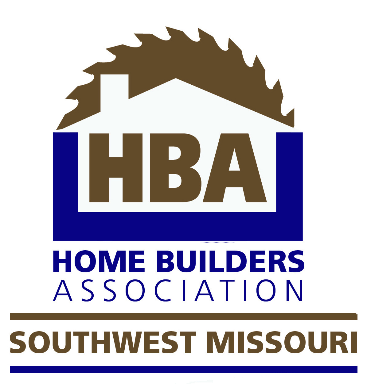 Logo for the Home Builders Association of Southwest Missouri featuring a house with a circular saw blade roof, "HBA" in bold, and the organization’s name in blue and brown text below.