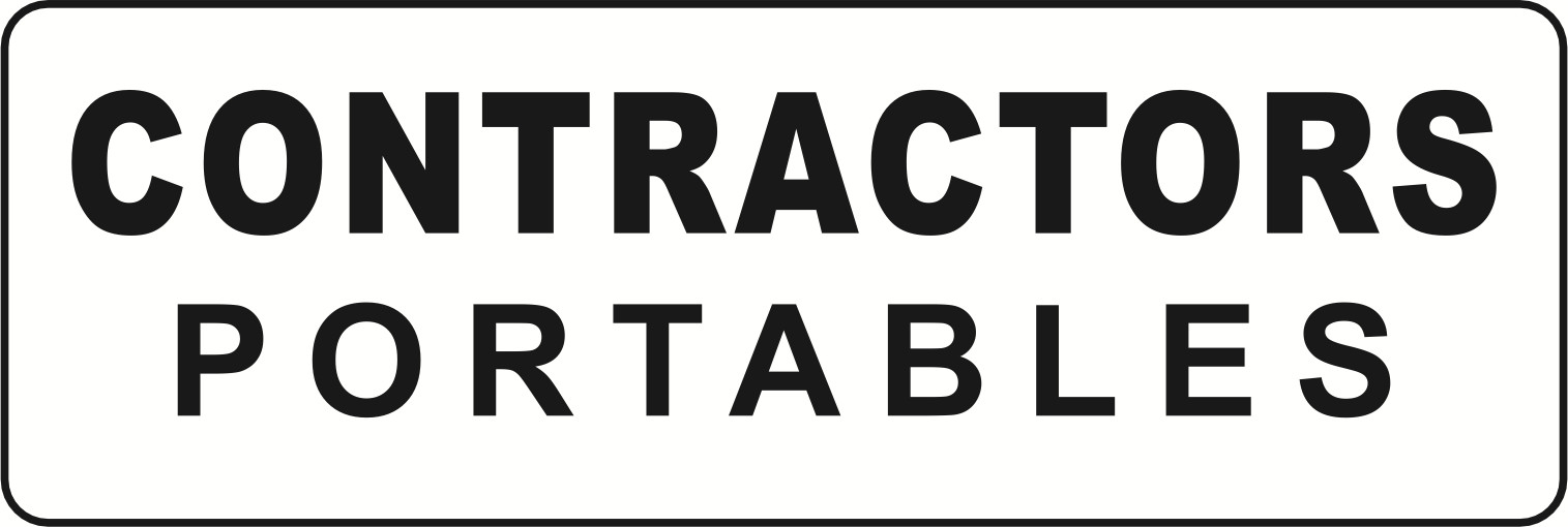 A rectangular sign with a white background and black border displaying the words "CONTRACTORS PORTABLES" in bold black letters.