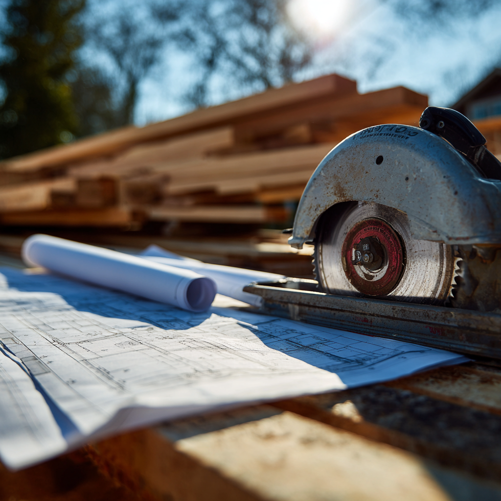 A circular saw rests on top of architectural blueprints on a wooden workbench, with stacked lumber and trees blurred in the background, suggesting an outdoor construction site.