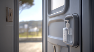 A bottle of hand sanitizer is mounted on the inside of a gray door, which is open to reveal a blurred outdoor scene with sunlight and greenery in the background.