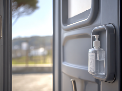 A bottle of hand sanitizer is mounted on the inside of a gray door, which is open to reveal a blurred outdoor scene with sunlight and greenery in the background.
