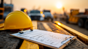 A yellow construction hard hat and a clipboard with documents sit on a metal surface at a work site, with trucks and equipment in the blurred background, at sunset.
