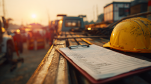 A construction site at sunset with a clipboard, checklist, and pen on a wooden surface in the foreground. A yellow hard hat and blurred vehicles and equipment are visible in the background.