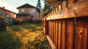 A close-up view of a wooden fence with warm sunlight shining on it, leading to a grassy yard and a two-story house in the background, all softly out of focus.