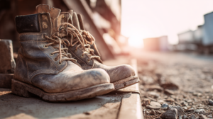 A pair of worn, dusty work boots with untied laces sits on a concrete surface at a construction site, with sunlight shining in the background and blurred industrial structures visible.