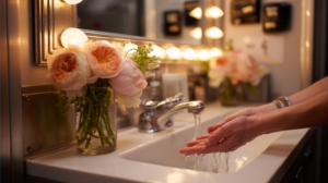 A person washes their hands under running water in a well-lit bathroom. A vase with pink and peach flowers sits next to the sink, reflecting in the mirror behind.