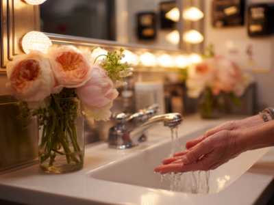 A person washes their hands under running water in a well-lit bathroom. A vase with pink and peach flowers sits next to the sink, reflecting in the mirror behind.