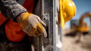 Close-up of a construction worker's gloved hand operating a switch on metal equipment. The worker’s gloves and clothing are dusty, and a yellow hard hat and excavator are visible in the blurred background.