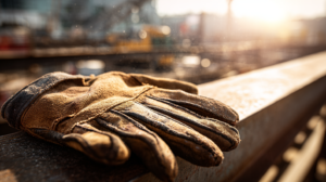 A worn leather work glove rests on a metal railing at a construction site, with blurred machinery and sunlight in the background, evoking themes of labor and industry.