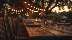 A long wooden table set for dinner outdoors at sunset, with string lights hanging above, glassware, plates, and flower vases creating a warm, inviting atmosphere.