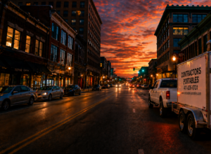 A city street at sunset, with cars parked along both sides and a white truck pulling a "Contractors Portables" trailer in the foreground. The sky is dramatic with vibrant orange and red clouds.