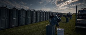 A long row of portable toilets lines a grassy field under a cloudy sky; two workers are cleaning or maintaining the units beside a truck.