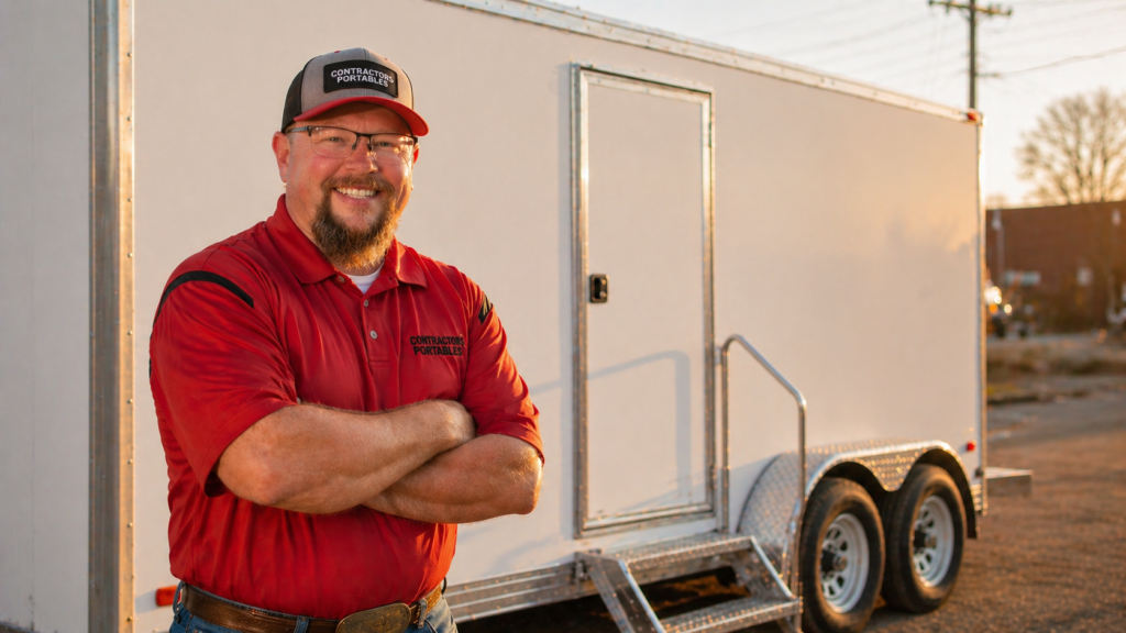 A man in a red shirt and hat stands smiling with arms crossed in front of a white trailer on a sunny day. The shirt and hat both display the "Contractor Portable" logo.