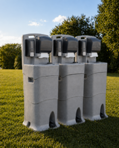 Three portable handwashing stations with soap and paper towel dispensers stand on a grassy field, with trees and a blue sky in the background.