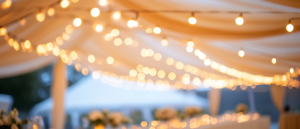 String lights are draped across the ceiling of a white tent, creating a warm, glowing atmosphere. The image is softly focused, with round bulbs and blurred light in the background, suggesting an elegant event or celebration.